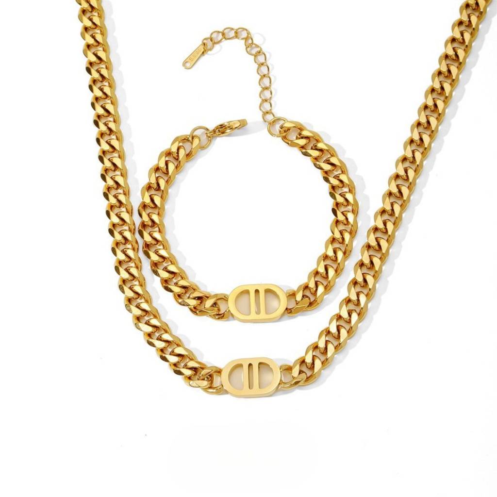 18K Plated Waterproof Antitarnish Link Necklace And Bracelet Set For Women : AMO0924NB689GC