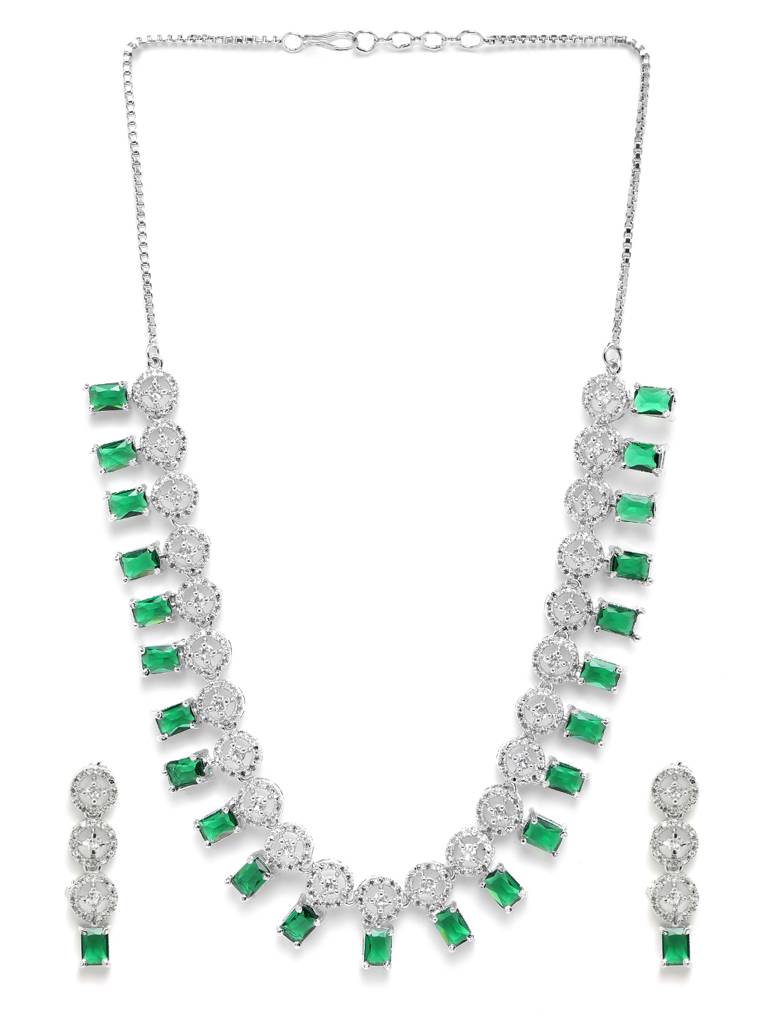 Silver Plated Square Ad Necklace Set : AD134GREEN