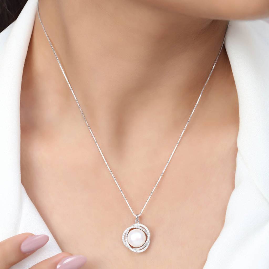 Classic Rhodium-Plated 925 Sterling Silver Pearl Necklace : NL-30322-R