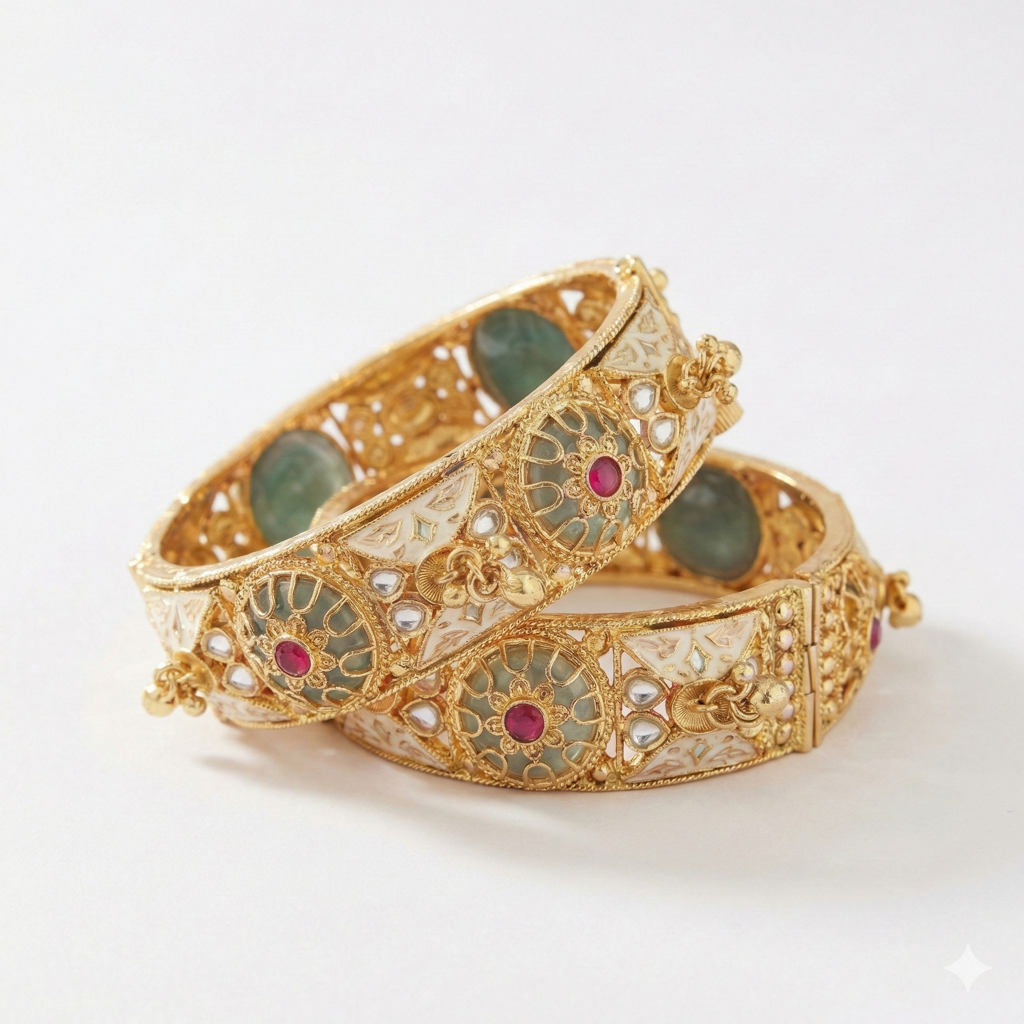 Royal Antique Jadau Kadas With White Meenakari, Polki, Ruby, And Emerald Accents : BV-BG-3-24