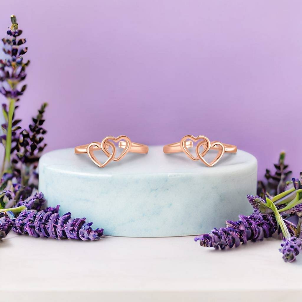 Charming Double Heart 925 Sterling Silver Rose Gold-Plated Toe Rings : TOE-10086-RG