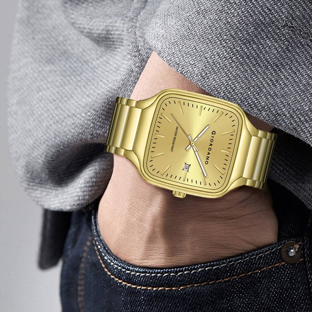 Giordano Analog Watch For Men Â Square Dial, Stainless Steel Strap, Date Display, Water Resistant Classic Dres : GZ-50163-44