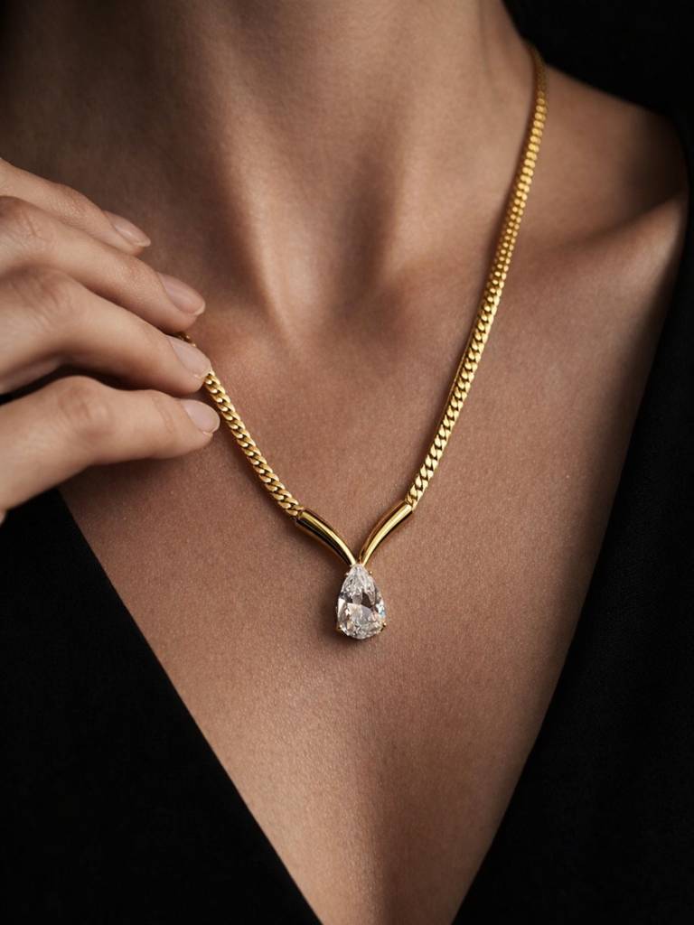 Teardrop Solitaire Cuban Chain Necklace – 24Kt Gold Plated : S925C715TSCC