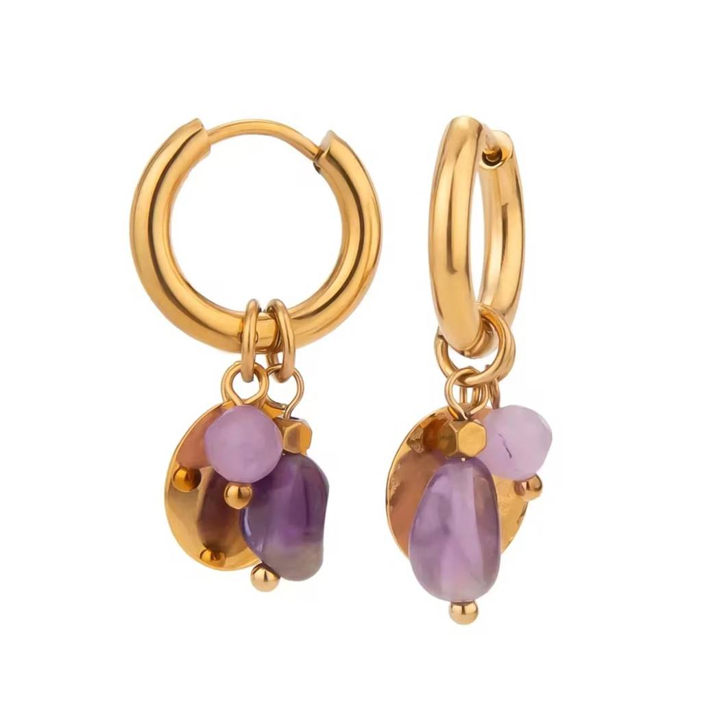 Gold Plated Purple Stone Charm Hoop Earrings For Women | Trendy Beaded Drop Earrings : 100691