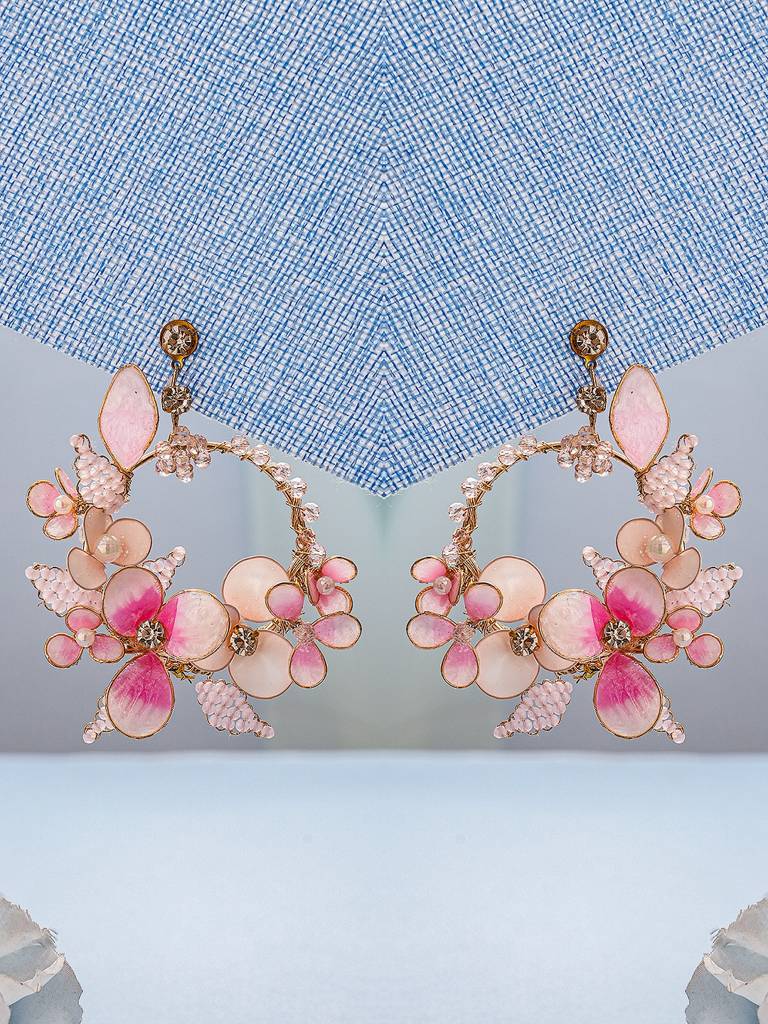 Pink Enamelled Floral Designer Luxe Earrings : SJER2944