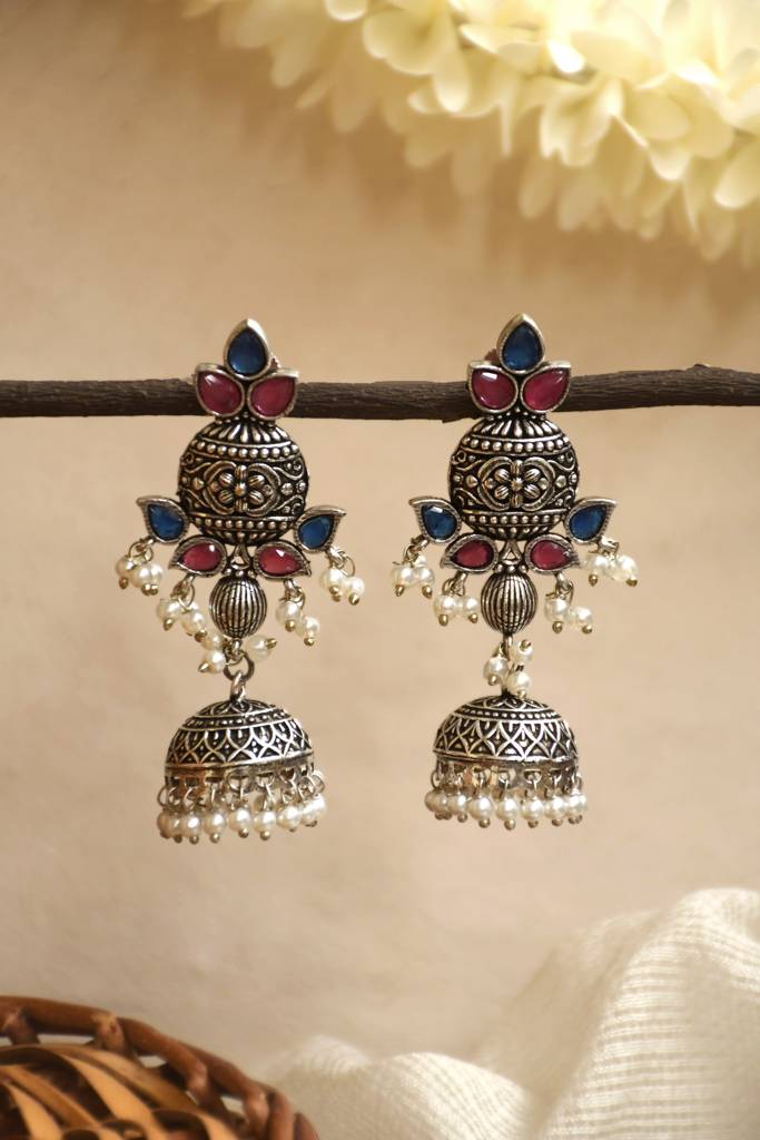 Oxidised Silver Aqua & Ruby Pearl Jhumkas : NA_ST_ER_231_5