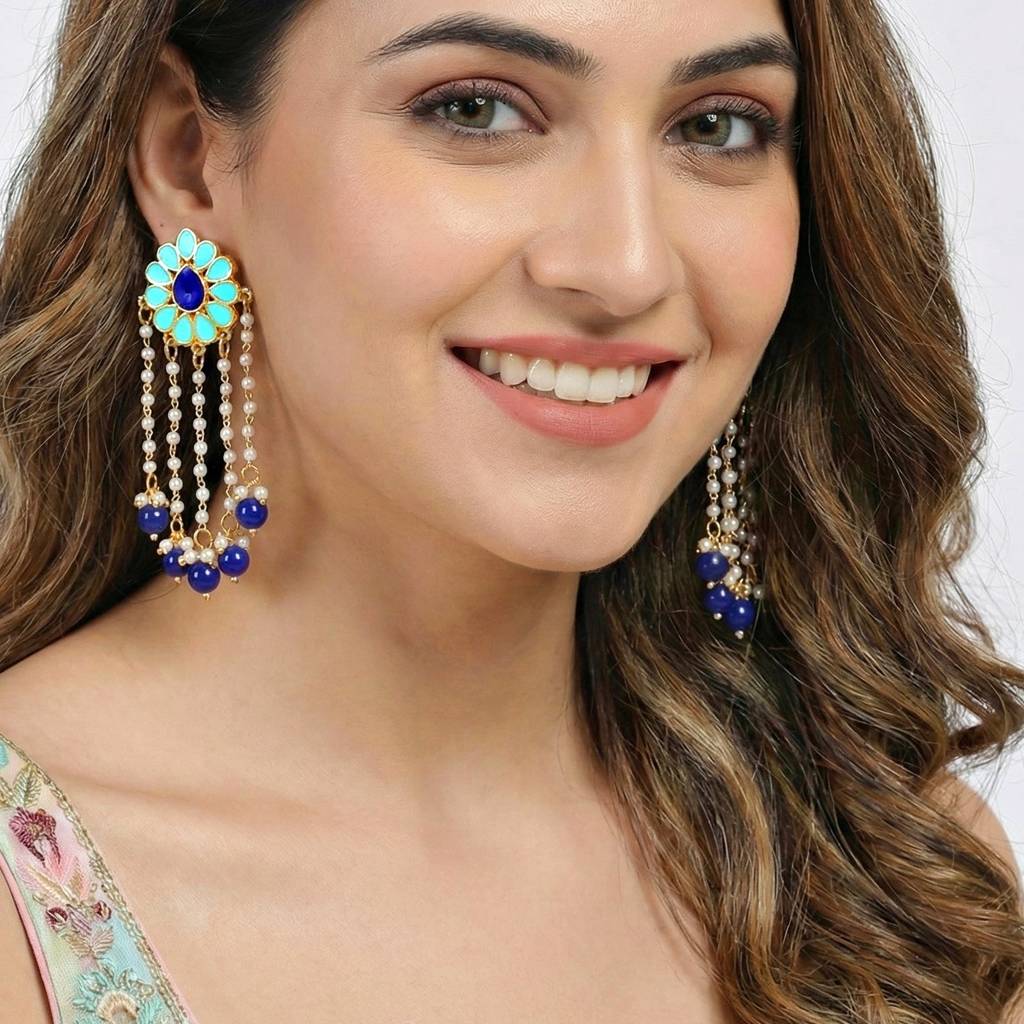 Gold-Plated Enamel Floral Long Earrings With Moti Layers And Blue Beads Earring : 354-KEO-13113-FB