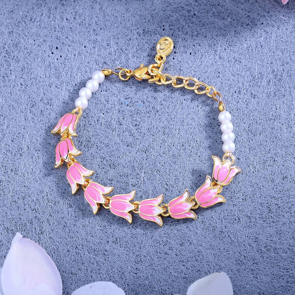 Estele Gold Plated Exquisite Lotus Designer Adjustable Link Bracelet With Pearls & Pink Enamel For Girl'S & Women : 102177-IGBR