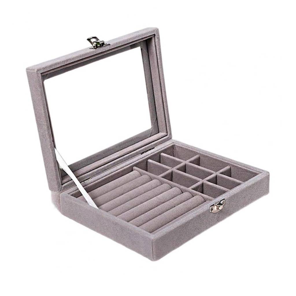 Estele Jewellery Organiser Box Grey Leather Clear Lid Jewelry Organizer With Dividers Container : JOB-005-Grey-JO-BOX