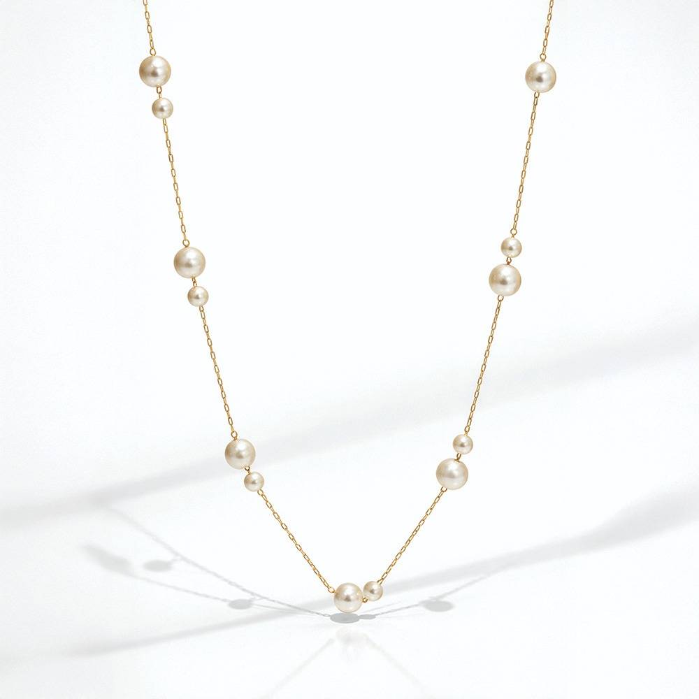 Women Gold-Toned Pearl Beaded Chain Necklace - Skin Safe, Delicate Everyday Necklace : 100811