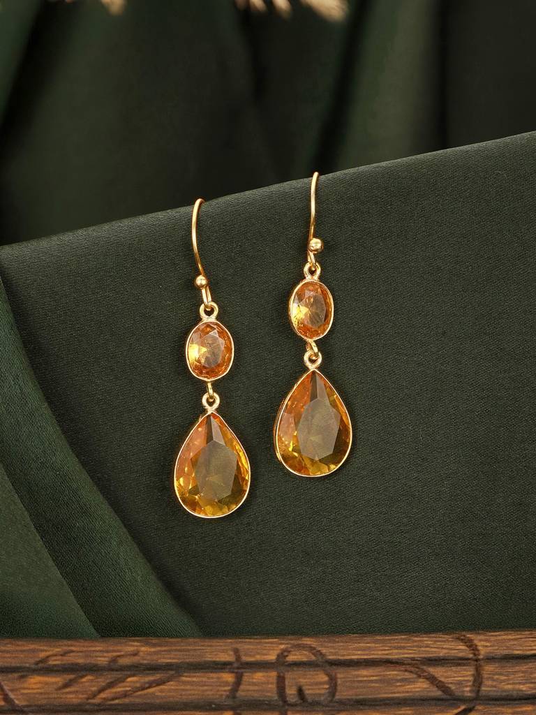 Gold-Plated American Diamond Studded Teardrop Shaped Drop Earrings : STER8199