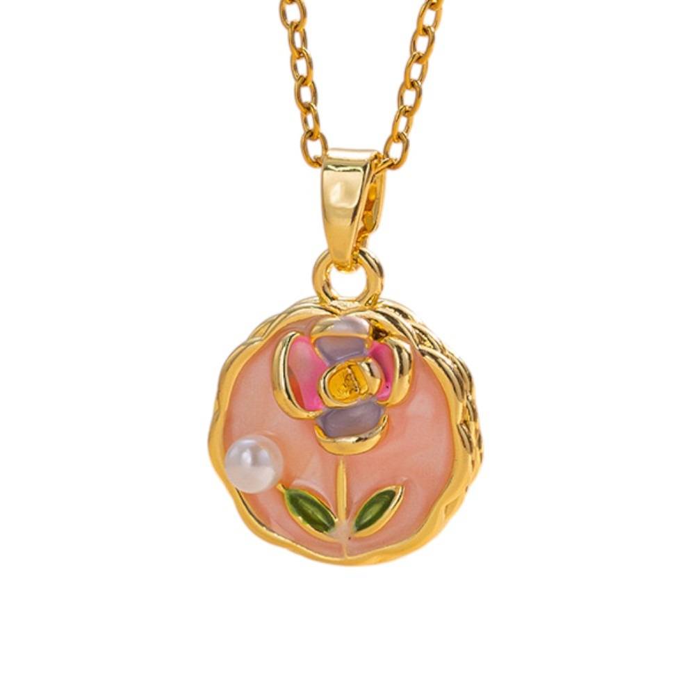 Stylish Resin Art Smart Look Pink Round Shape Pendant With Anti Tarnish Gold Plated Chain : 118305