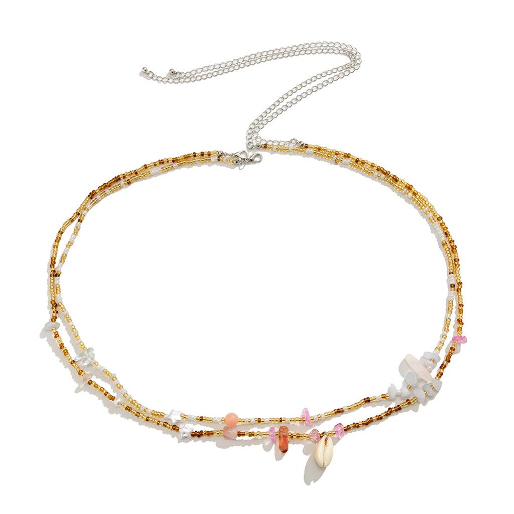 Boho Style Cowrie Shell With Brown & Gold Beads Beaded Waist Chain (Set Of 2) : ADN0525WC064