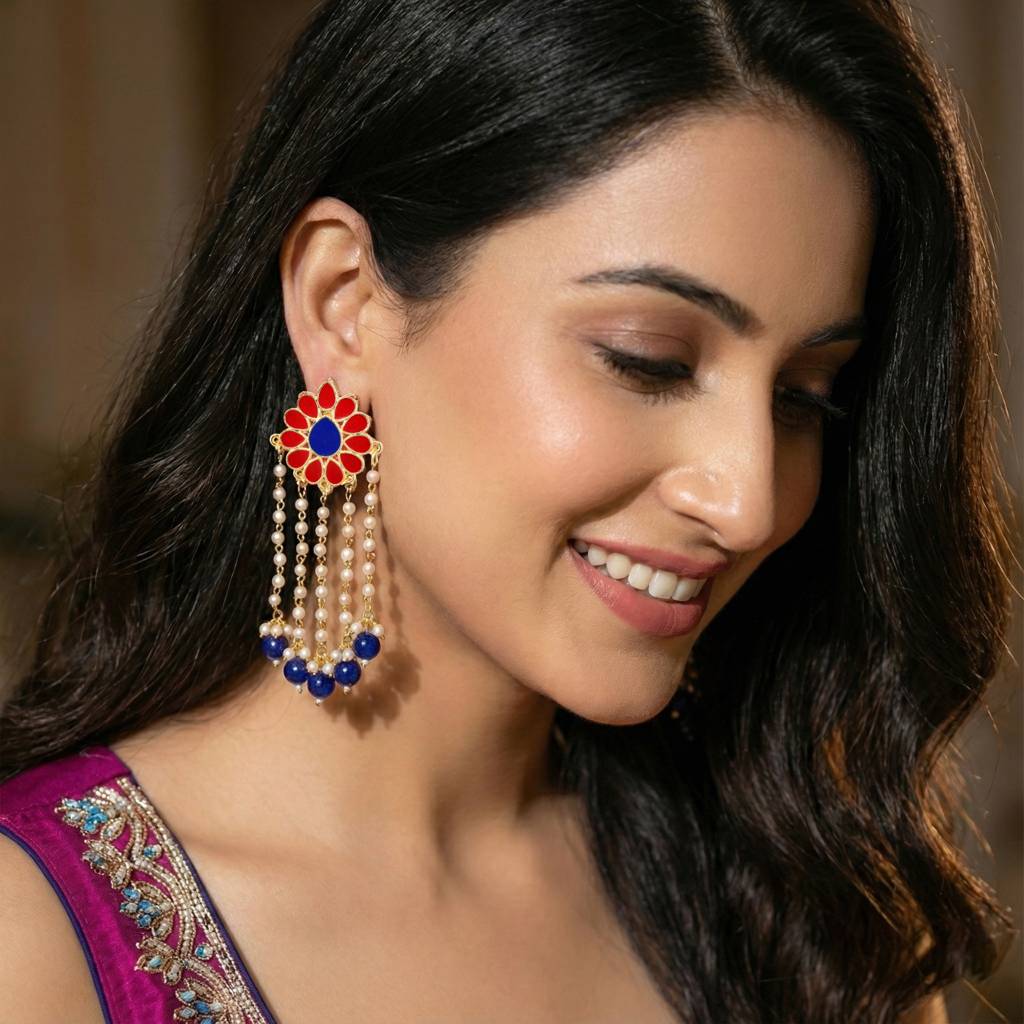 Gold-Plated Enamel Floral Long Earrings With Moti Layers And Blue Beads Earring : 354-KEO-13113-RB