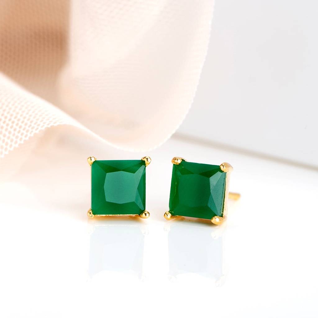 Golden Elegance Gold-Plated 925 Sterling Silver Green Cubic Zirconia Stud Earrings : EAR-20384