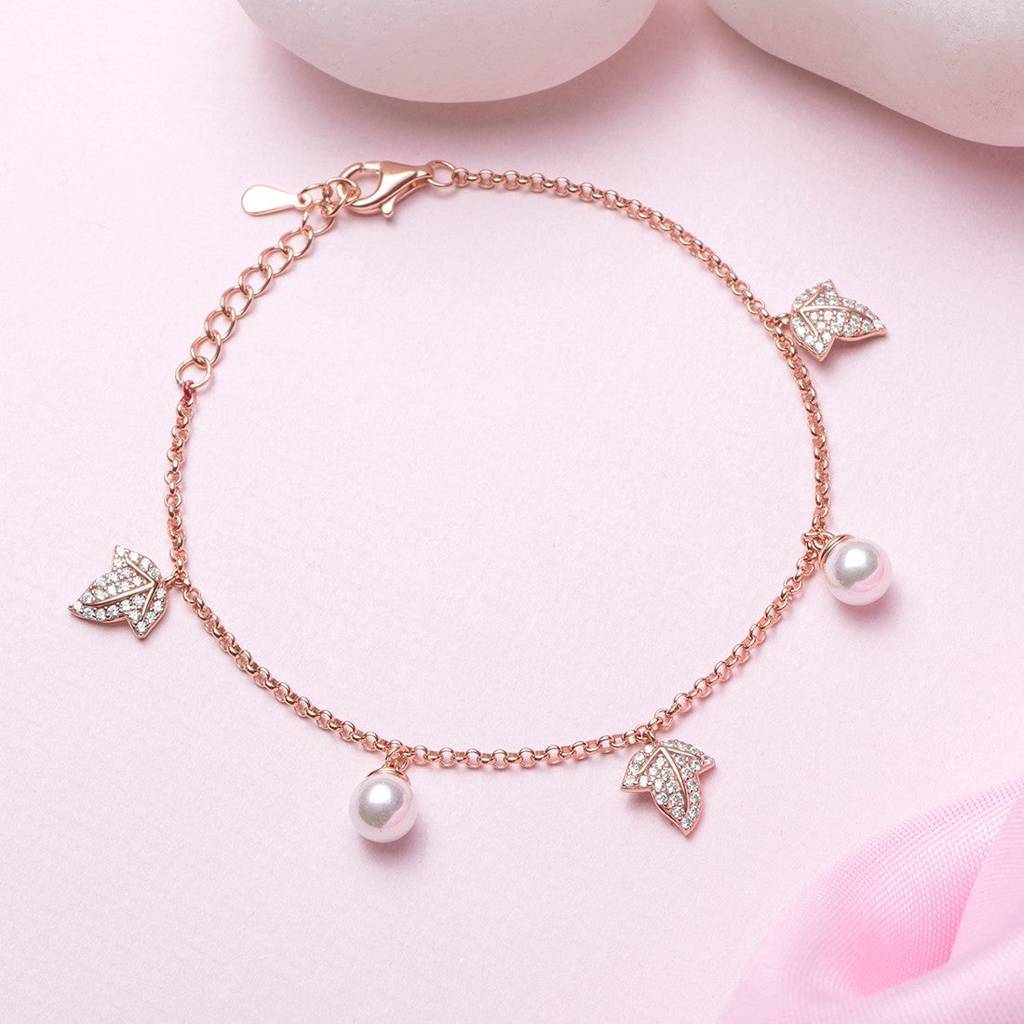 Twinkling Leaves And Cute Pearls Charm 925 Silver Bracelet : BR-80003