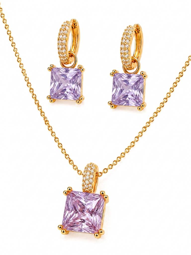Square-Cut Pendant Necklace & Huggie Earring Set : SET1011PQSD