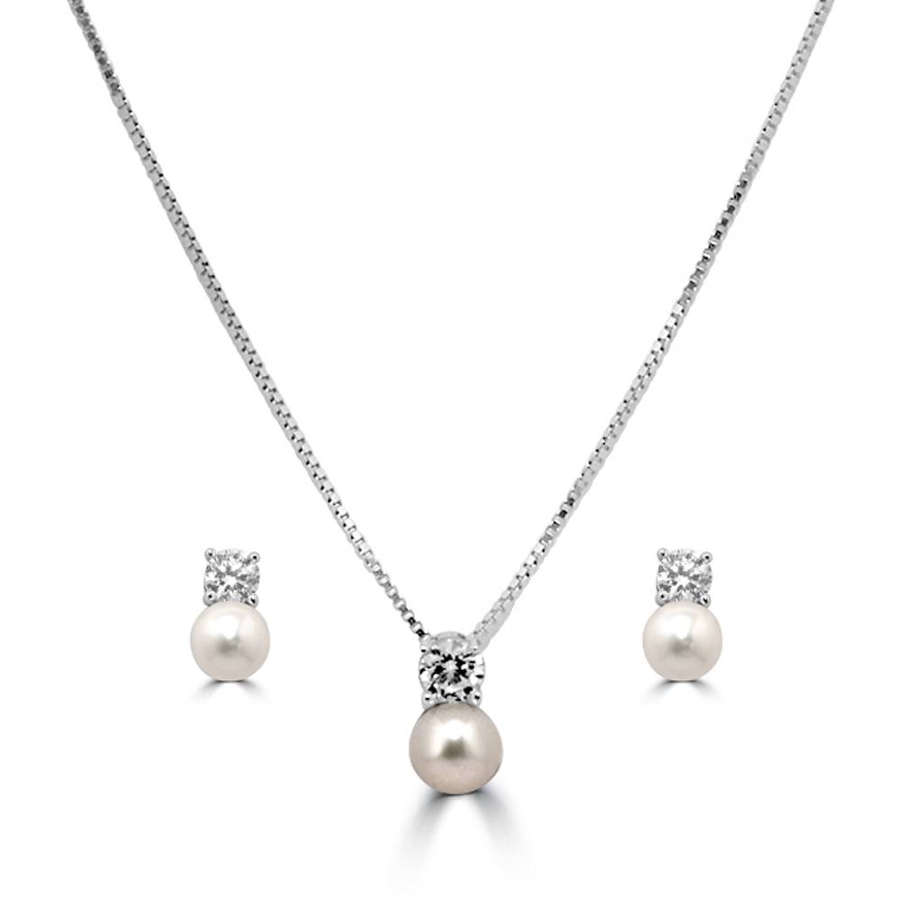925 Pure Silver Pearl Zircon Studded Chain Pendant Set-Cps1029 : CPS1029