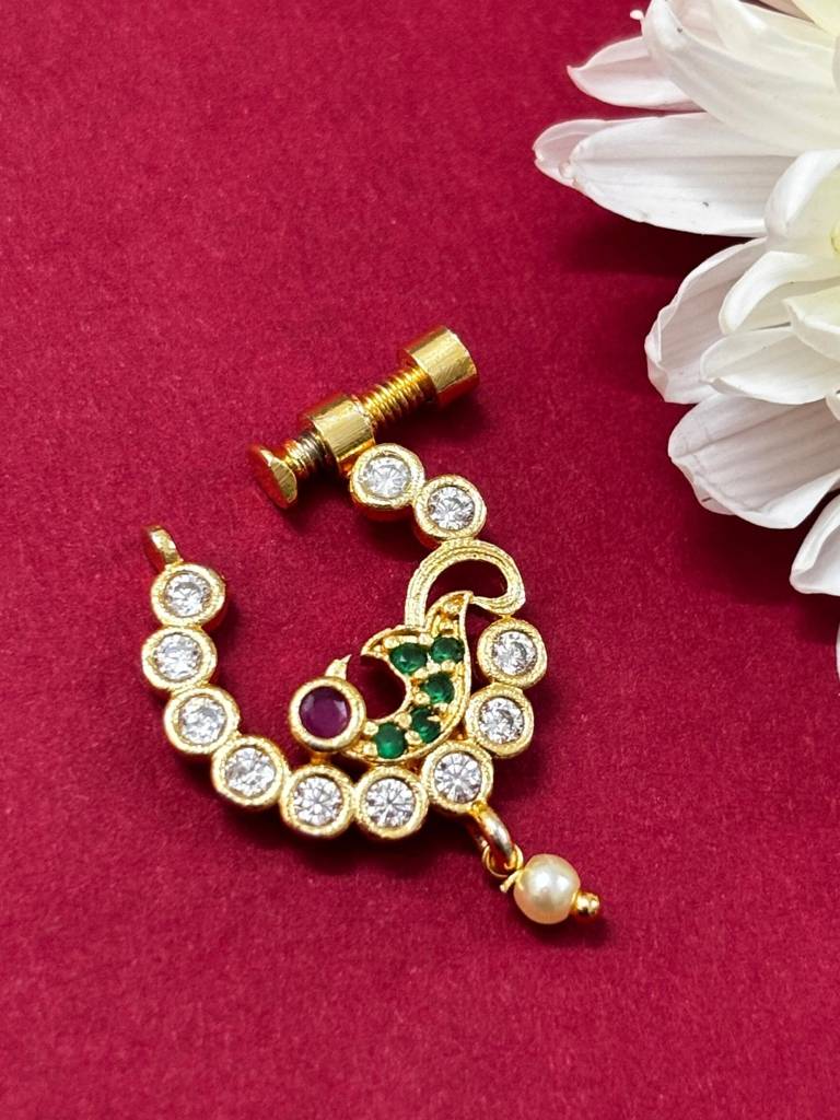 Gold-Plated American Diamond Studded Ring Nosepin : VI25NPAD100007