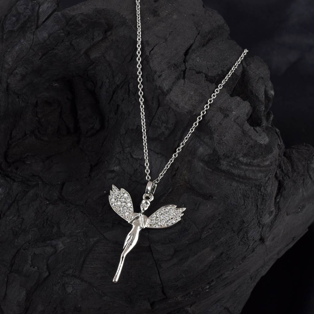 Celestial Grace Silver Angel Pendant With Chain : SIPENWHCZ25