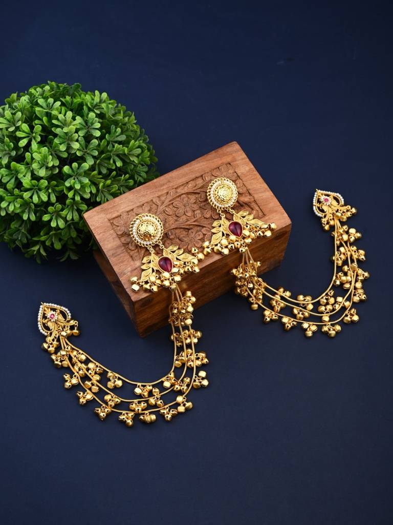 Gold Plated Studs With Ear Chains : S24KCER648RED