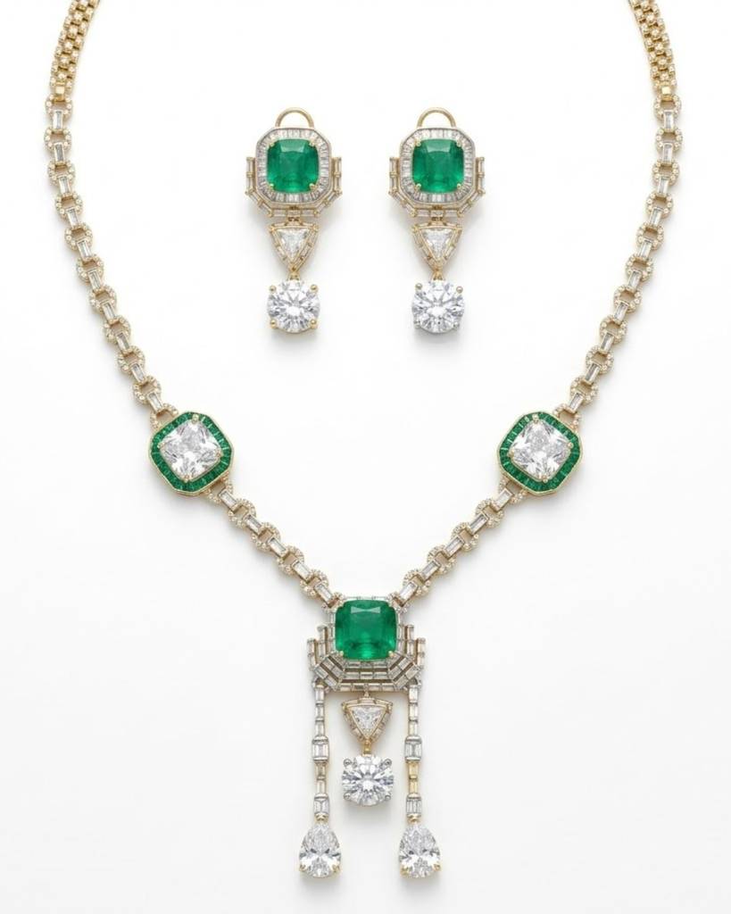 Emerald Asteria American Diamond Necklace Set : sm30