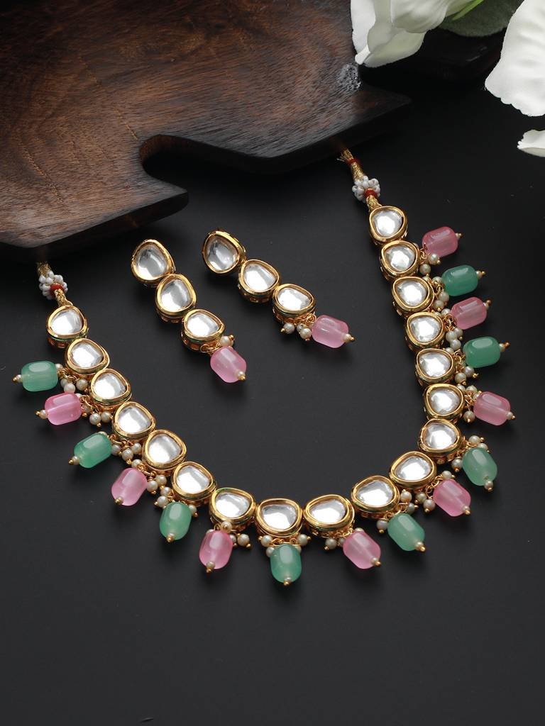 Women Gold-Plated Multicolor Kundan & Pink Beads Studded Pearl Layered Necklace Set