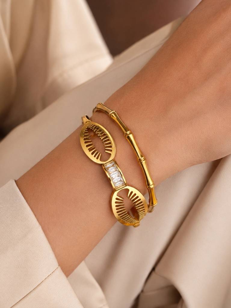 Gold Cowrie Shell & Bamboo Bangles Set -18K Gold Plated Stainless Steel Stackable Bracelets : CBR009GCS