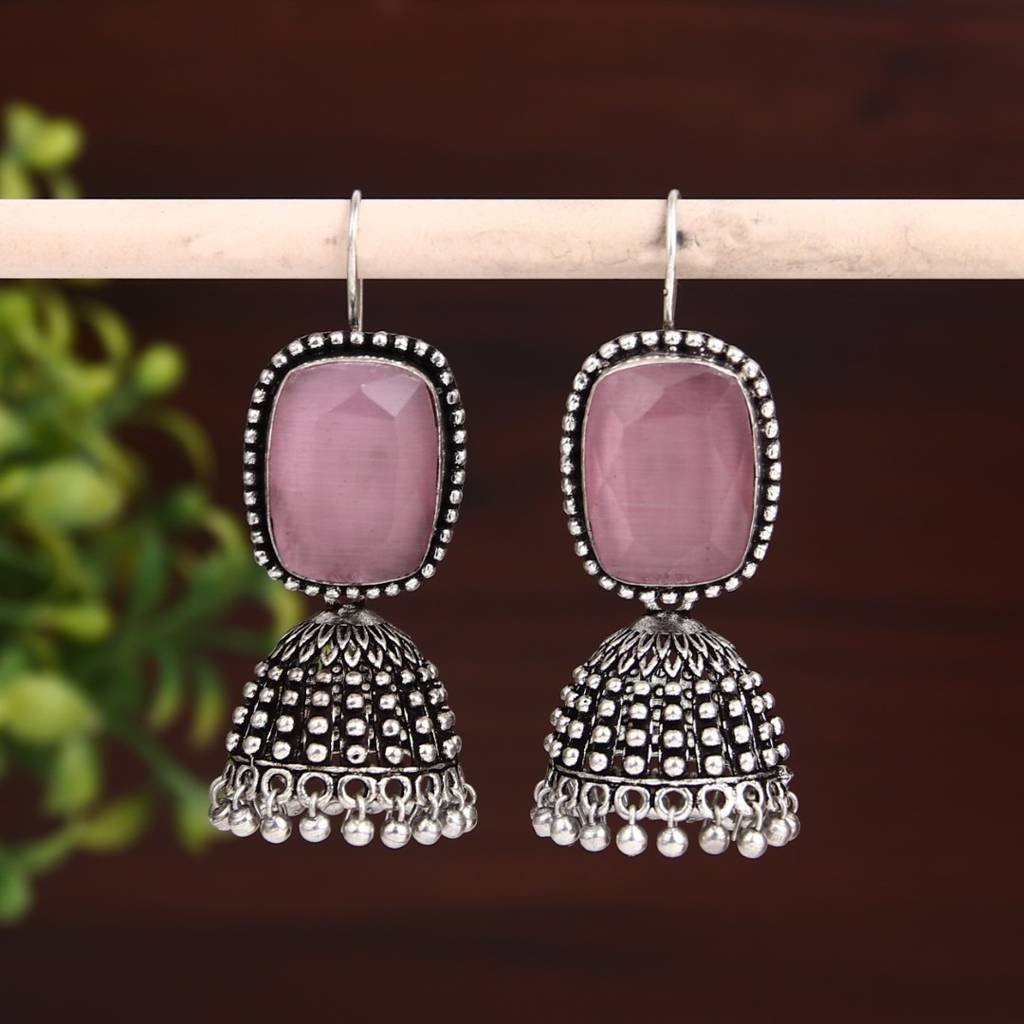 Oxidised Silver Cabochon Jhumka Drops : F23MHER014PNK