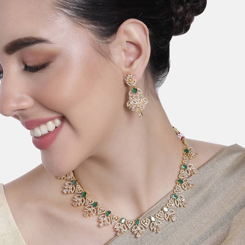 Estele Gold Plated Cz Dazzling Designer Necklace Set With Colored Stones For Women : AD-641-IG-GNNKER