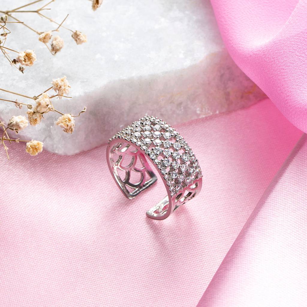 Enigmatic Elegance Rhodium-Plated 925 Sterling Silver Abstract Ring (Adjustable) : RNG-40171