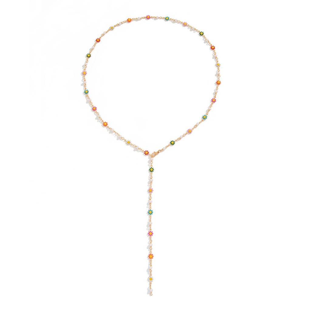 Gold Plated Multicolor Floral Pearl Body Chain Y Shaped Lariat Long Necklace : AMU0125N6602