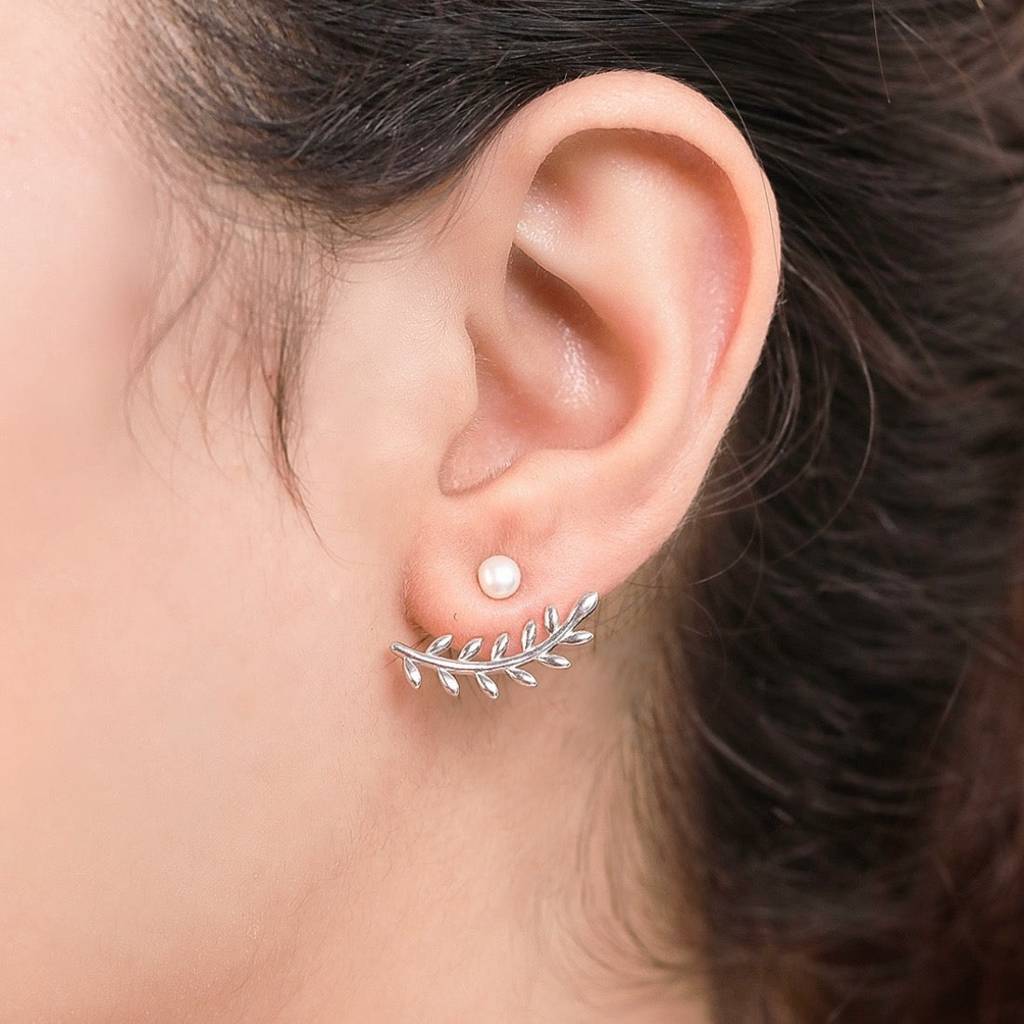 Leafy Pearl Two-Way Rhodium Plated 925 Sterling Silver Studs : EAR-20359