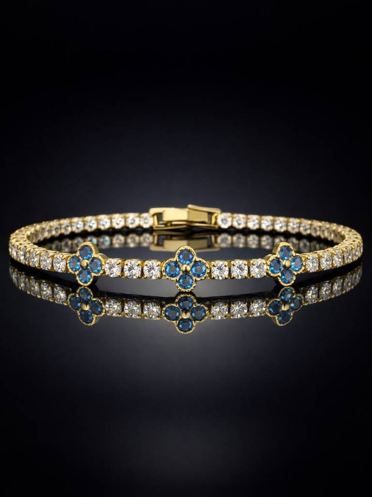 Blue & Gold Clover Cz Tennis Bracelet | Anti-Tarnish & Water Resistant : S925B744BGCSB
