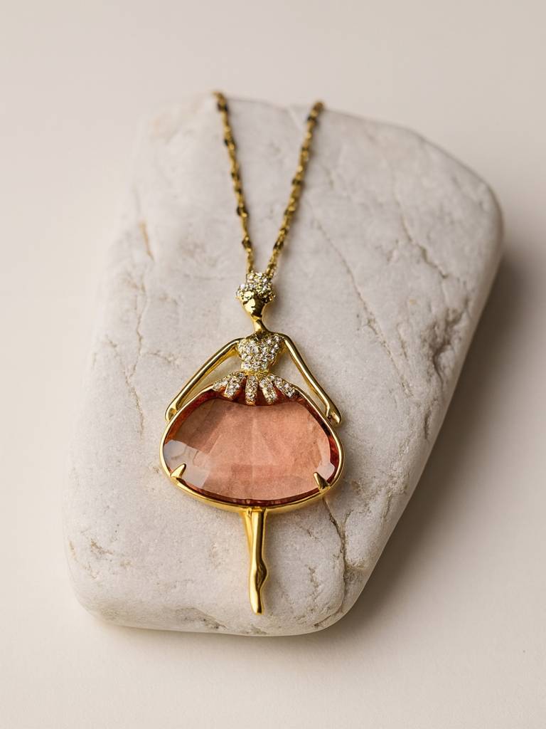 Anti-Tarnish Angel Pendant Necklace With Peach Stone | 18K Gold Chain : ATC641ABPC