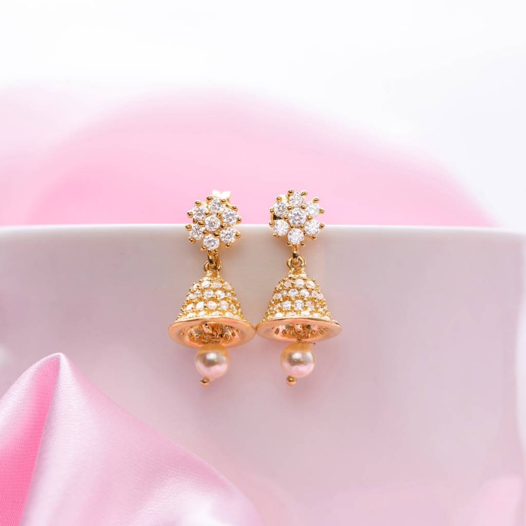 Gilded Opulence Gold Plated Drop Earrings With Cubic Zirconia And Pearls : EAR-20376