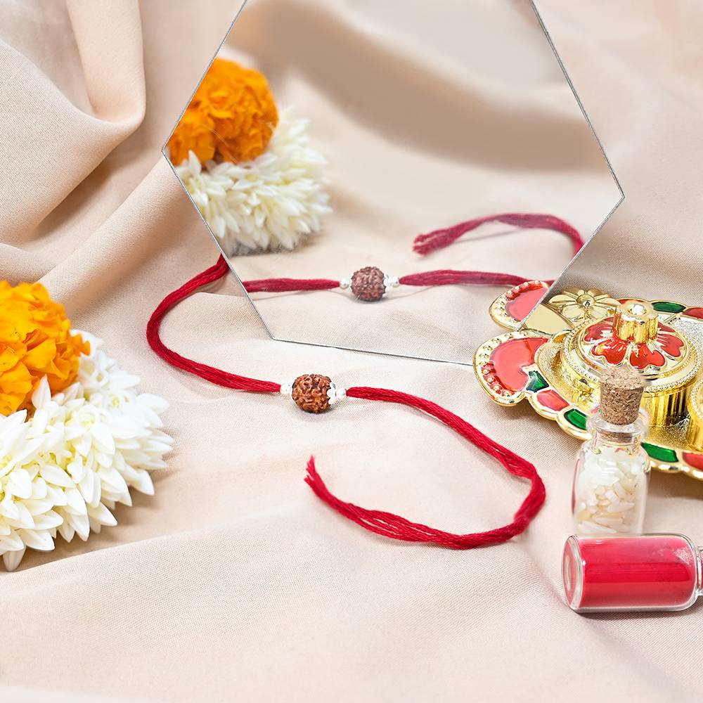 Silver Rudraksha Charm Red Thread Rakhi : ATRA213