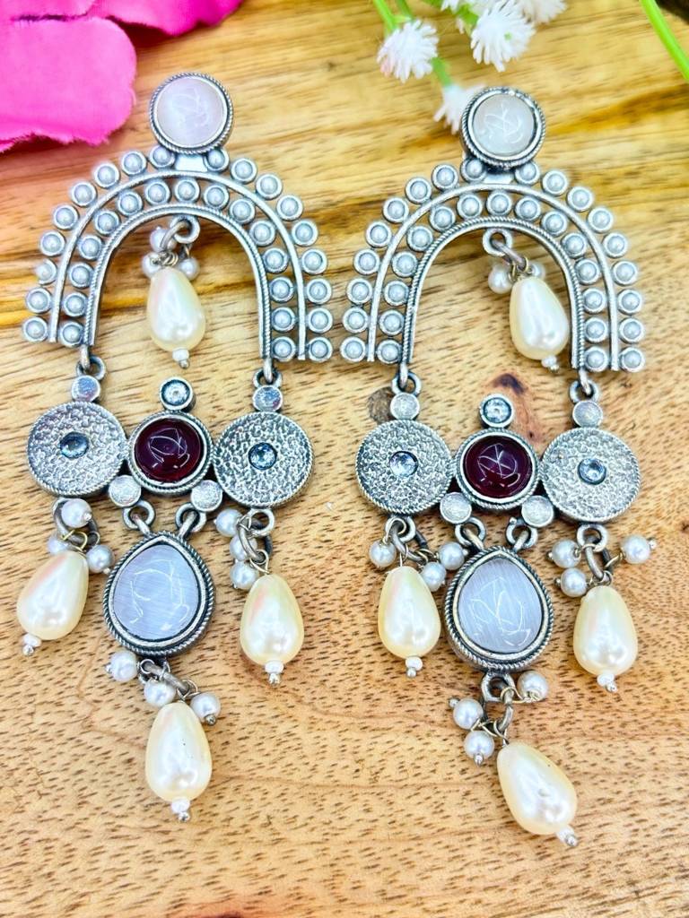 Silver Plated Oxidised Stone & Pearl Embellished Statement Chandbali Earrings : VI26EROX100338