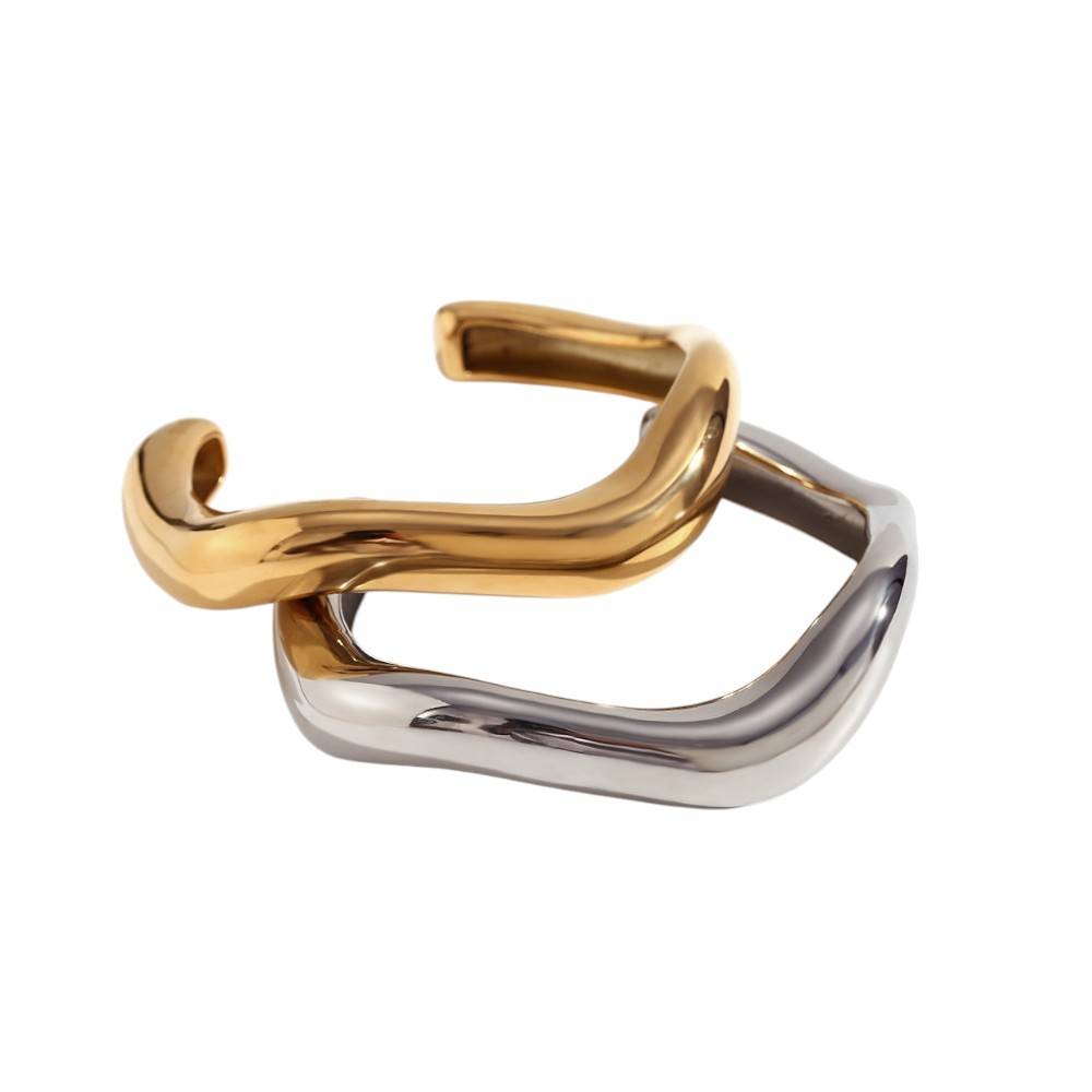 Shiny Gold & Silver Anti-Tarnish Bold Chunky Open Cuff Bangle Bracelet(Set Of 2) : ADN0525B91GSC2