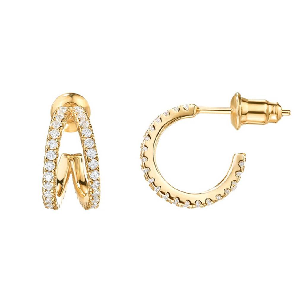 14K Gold Plated Double Half Hoops With Zircons| Lightweight, Daily Wear Earrings : AXY1124E1004
