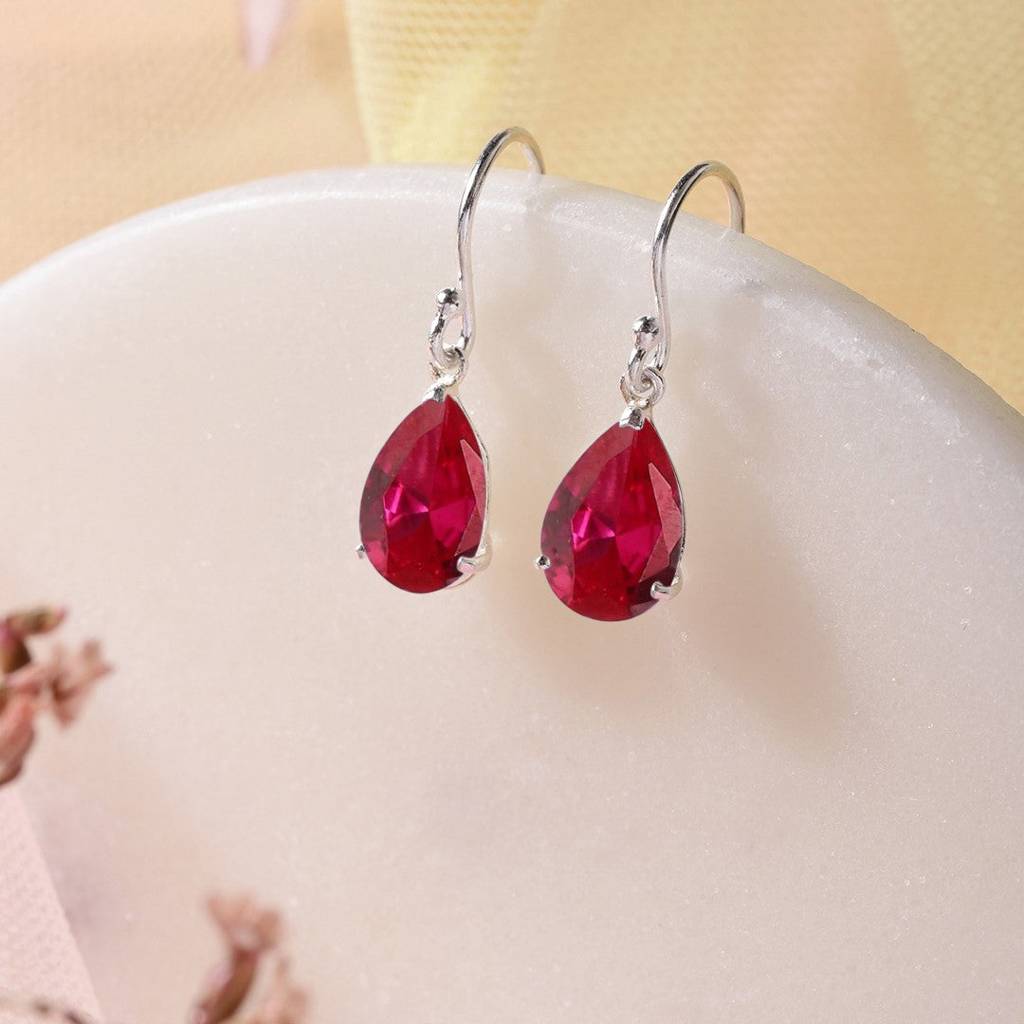 Red-Cz Drop Rhodium Plated 925 Sterling Silver Earring : EAR-20400