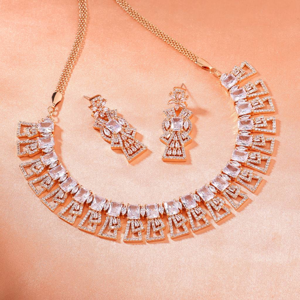 Estele Rose Gold Plated Gorgeous American Diamond Necklace Set For Women : AD-749-RGWENKER