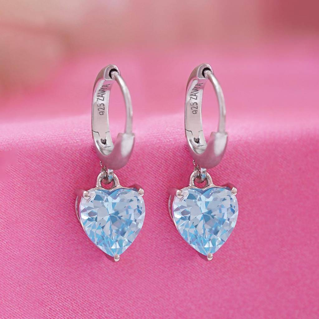 Blue Heart Drop Rhodium Plated 925 Sterling Silver Earrings : EAR-20867-R