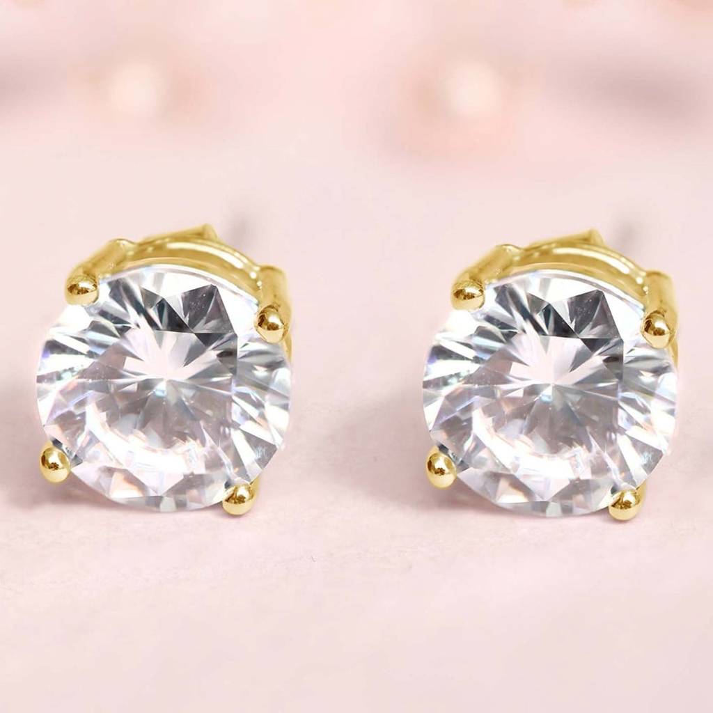 Dazzling Solitude Gold-Plated 925 Sterling Silver Stud Earrings : EAR-20047-G