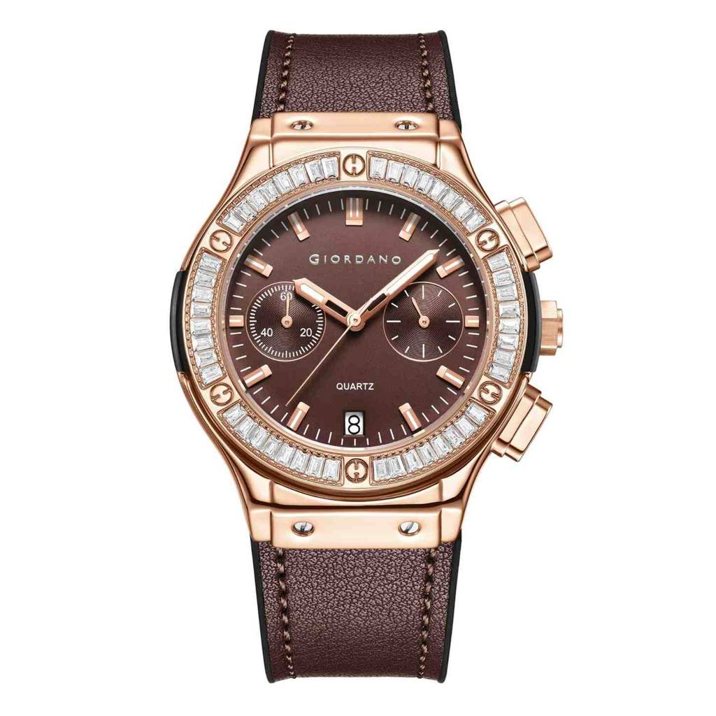 Giordano Analog Watch For Women Â Round Dial, Leather Strap, Crystal-Studded Bezel With Quartz Movement : GZ-60093-05
