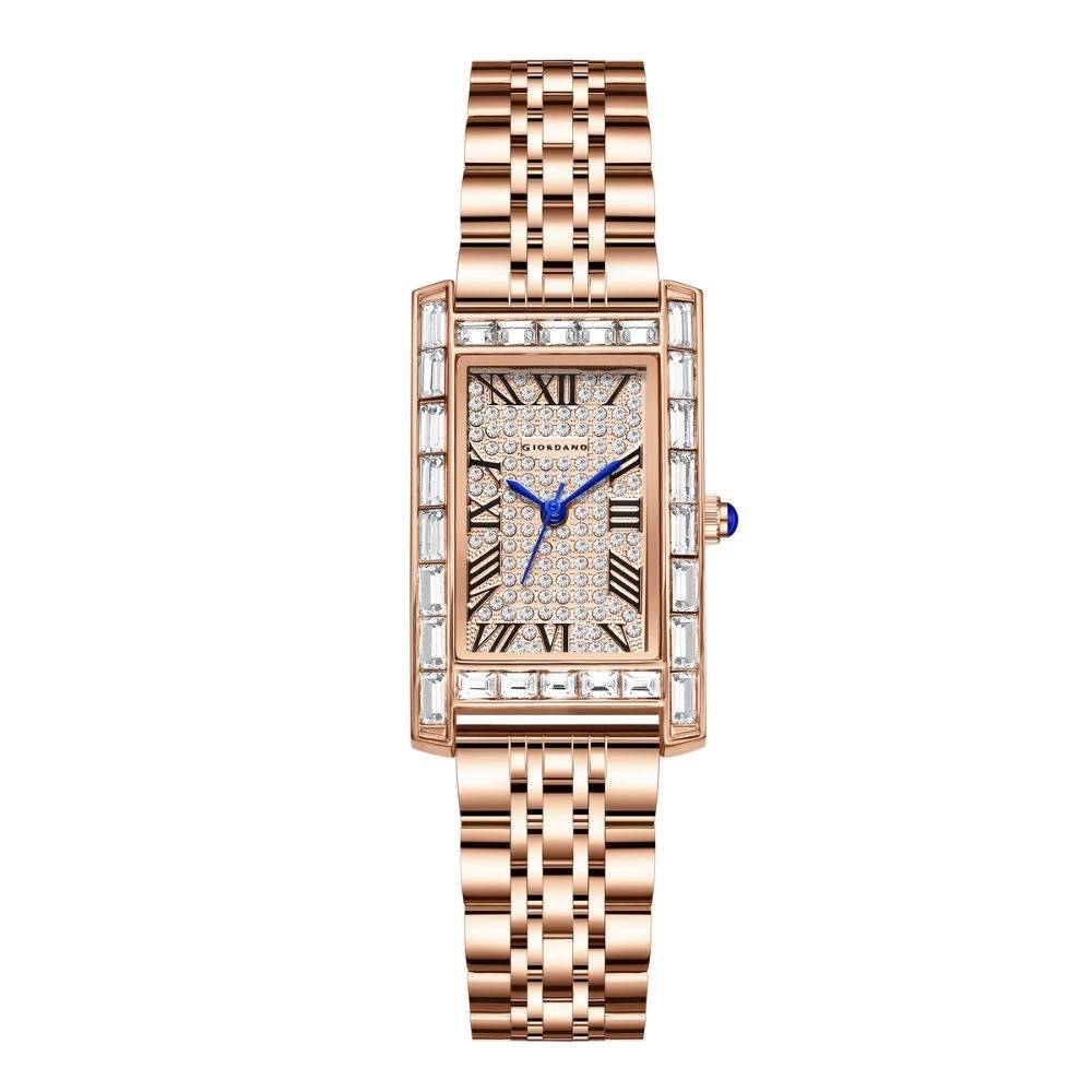 Giordano Rectangular Dress Watch For Women With Crystal Bezel, Roman Indiced And Sparkling Dial : GZ-60119-33
