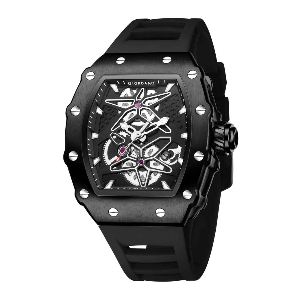 Giordano Analog Skeleton Dial Watch For Men Â Tonneau Case, Silicone Strap, Open-Gear Sport Design, Quartz Mov : GZ-50188-11