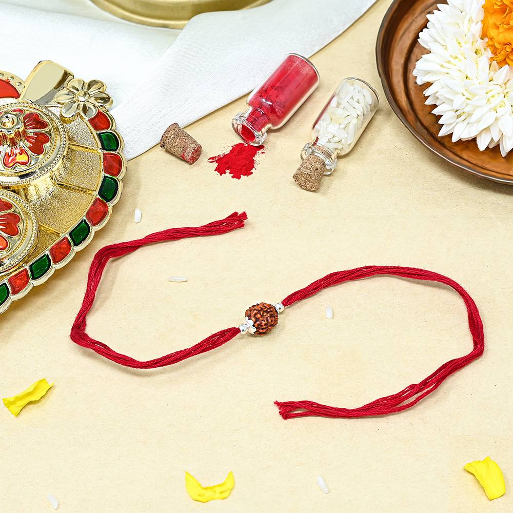 Silver Rudraksha Charm Red Thread Rakhi : ATRA213