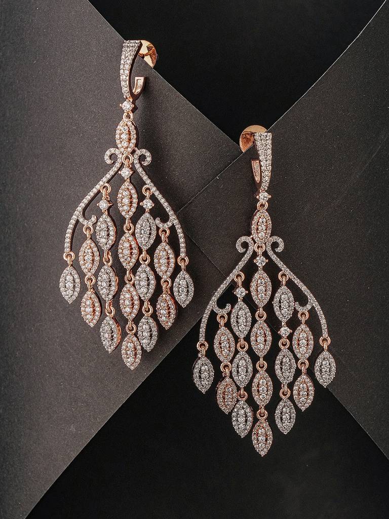 Rose Gold Plated Ad Zirconia Cascading Designer Chandelier Earrings : SJER2924