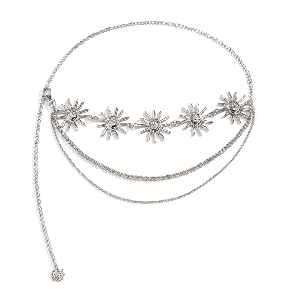 Boho Style Silver Plated Smiling Sun Layered Waist Chain : AMU0125WC492S